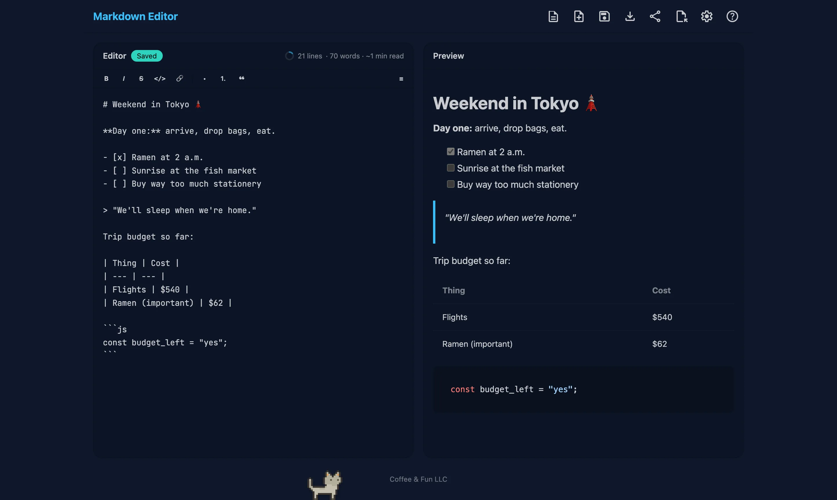 Markdown Editor with source text on the left, a live preview on the right, and an optional pet cat.