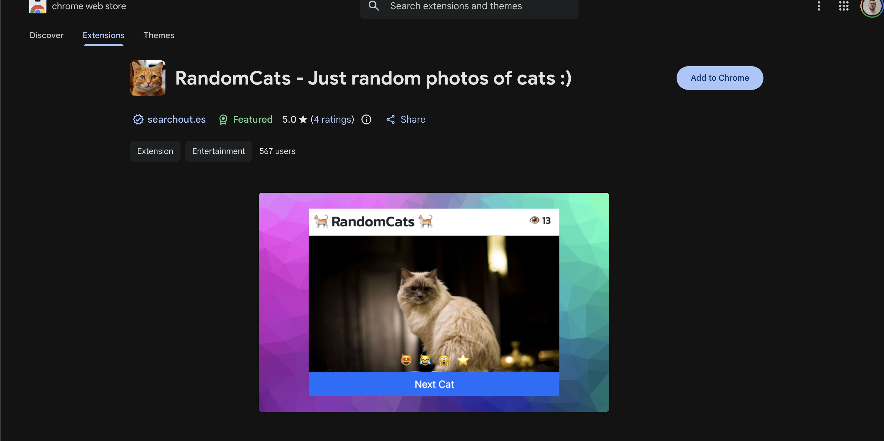 RandomCats — a Featured extension for random cat photos with 567 users