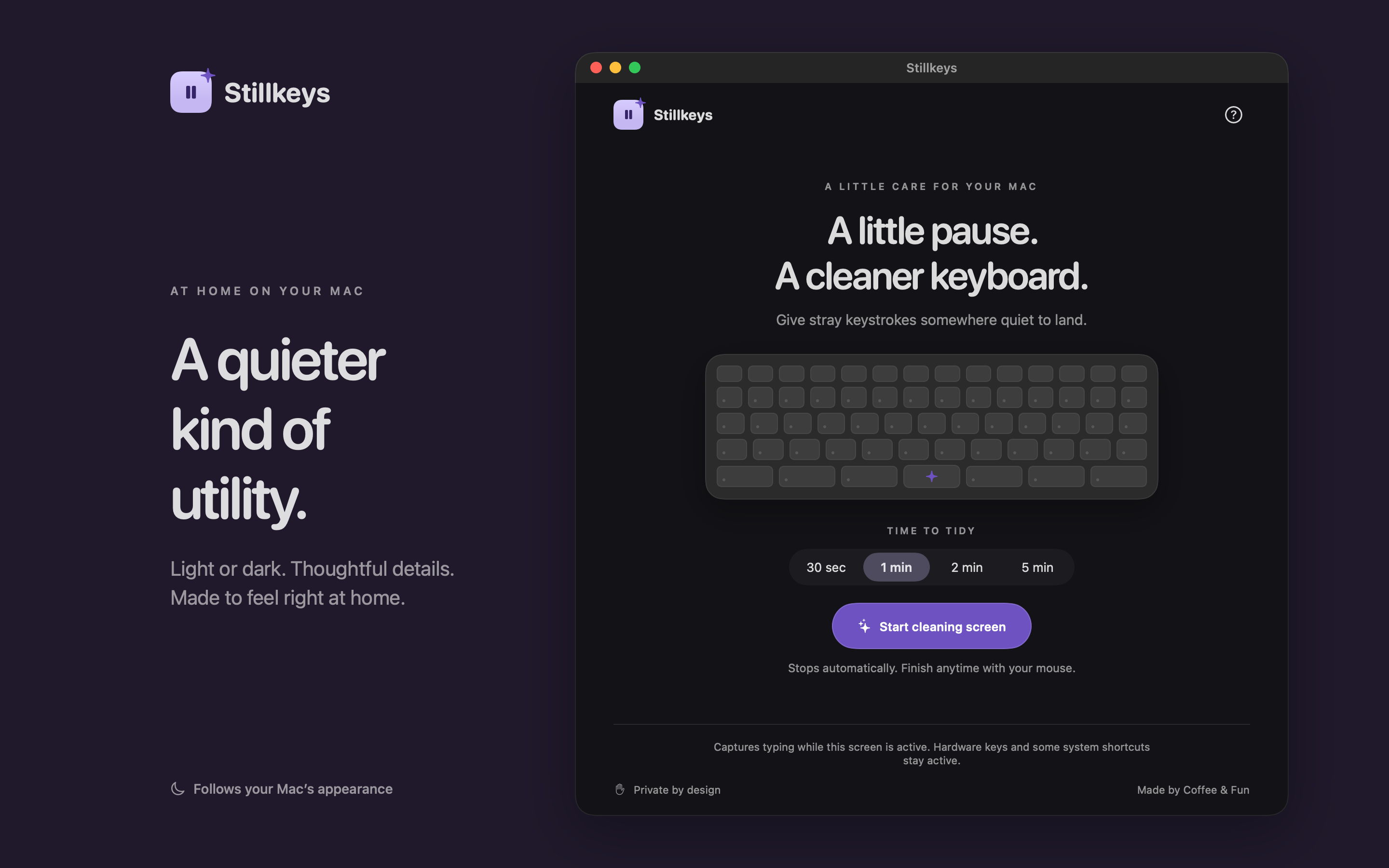 Stillkeys in dark appearance, with the same timer choices and cleaning controls.