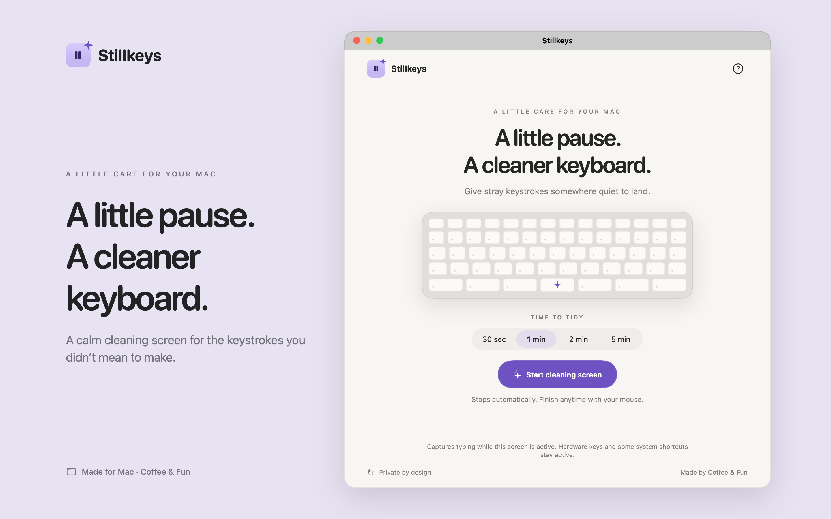 Stillkeys in light appearance, showing the cleaning timer choices and Start cleaning screen button.